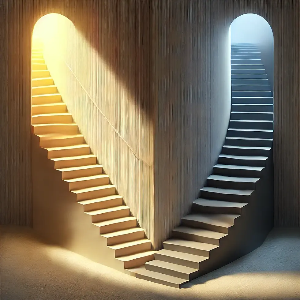 Curved stairs in a dim room split into warm yellow light on the left and cool blue light on the right, creating a tranquil ambiance.