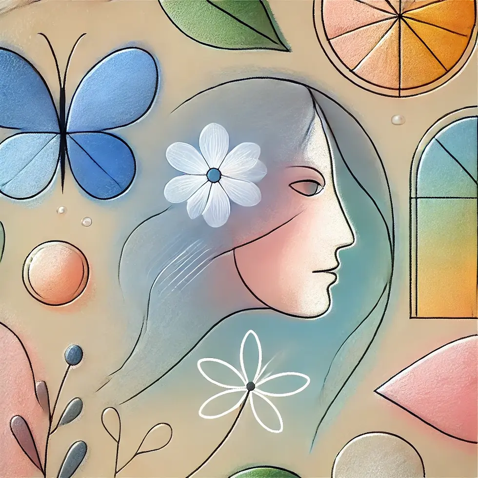 abstract illustration of a woman's profile surrounded by flowers and butterflies