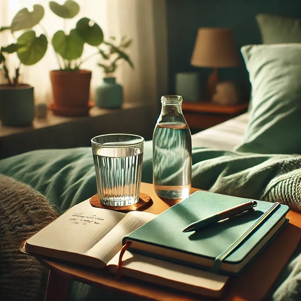 nightstand with two glasses of water and a journal on it with a bed in the background