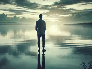 A person stands serenely by a calm lake at sunrise, silhouetted against the sky. Reflective water and clouds create a tranquil scene.