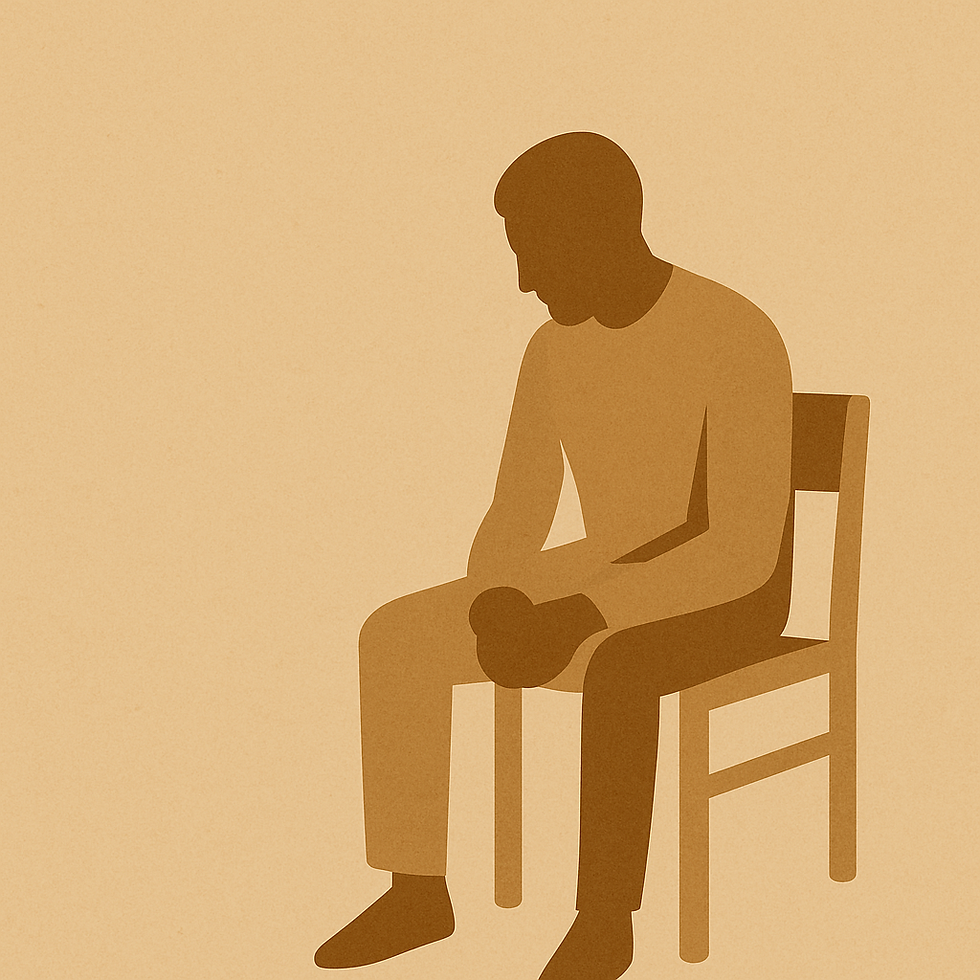 Silhouette of a person seated on a chair, head down, in a contemplative pose against a beige background, conveying a somber mood.