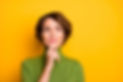 Closeup photo of amazing short hairdo lady looking up empty space deep thinking creative p