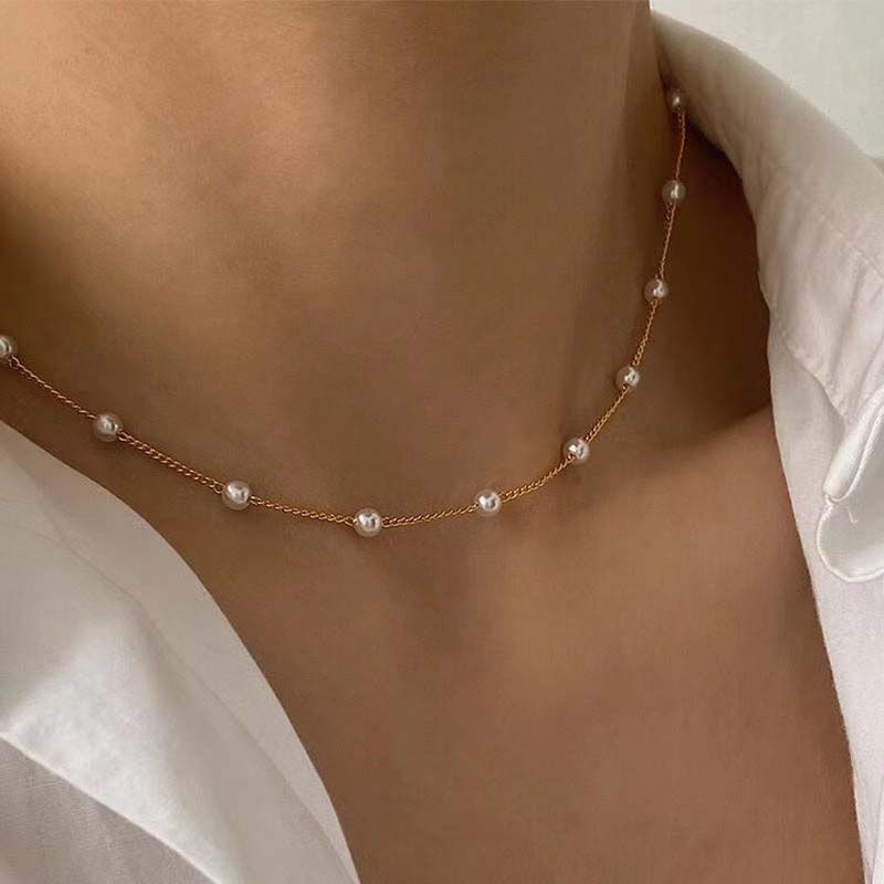 New Beads Women's Neck Chain Kpop Pearl Choker Necklace Gold Color Goth Chocker