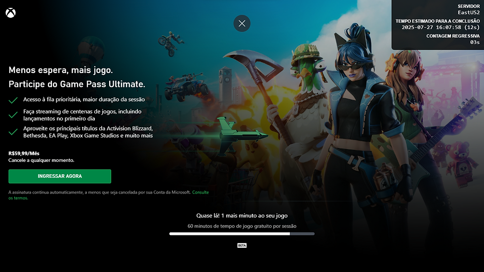 Usuários que não têm assinatura do Game Pass Ultimate enfrentam mais filas e podem jogar por apenas 60 minutos.