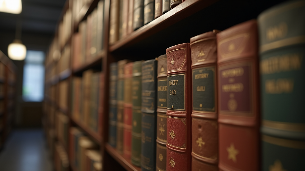 Eye-level view of a library shelf filled with history books
