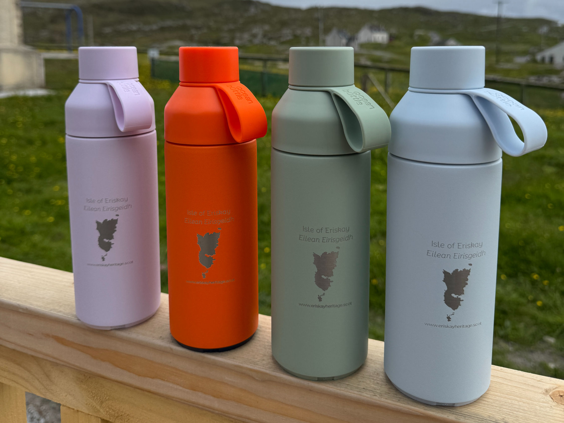 Ocean Bottle 500ml drinking bottle, engraved with Eriskay map, created to raise funds support the community of Eriskay
