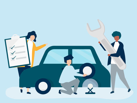 One person is holding a checklist, another is changing a tire, and a third is holding a large wrench. The scene represents teamwork and vehicle repair or inspection.