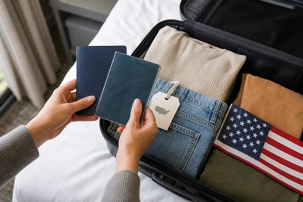 Dos pasaportes genéricos, uno nuevo y otro anterior, preparados junto a una maleta para un viaje a Estados Unidos.