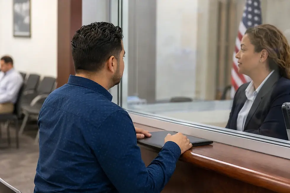 Venezolano en Colombia durante una entrevista en ventanilla consular genérica para solicitar visa americana, con bandera de Estados Unidos al fondo.