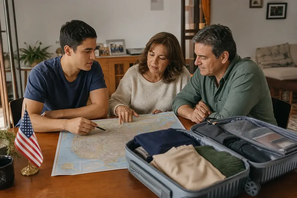 Estudiante universitario colombiano conversa con sus padres sobre un viaje a Estados Unidos junto a un mapa, una maleta y una bandera estadounidense.