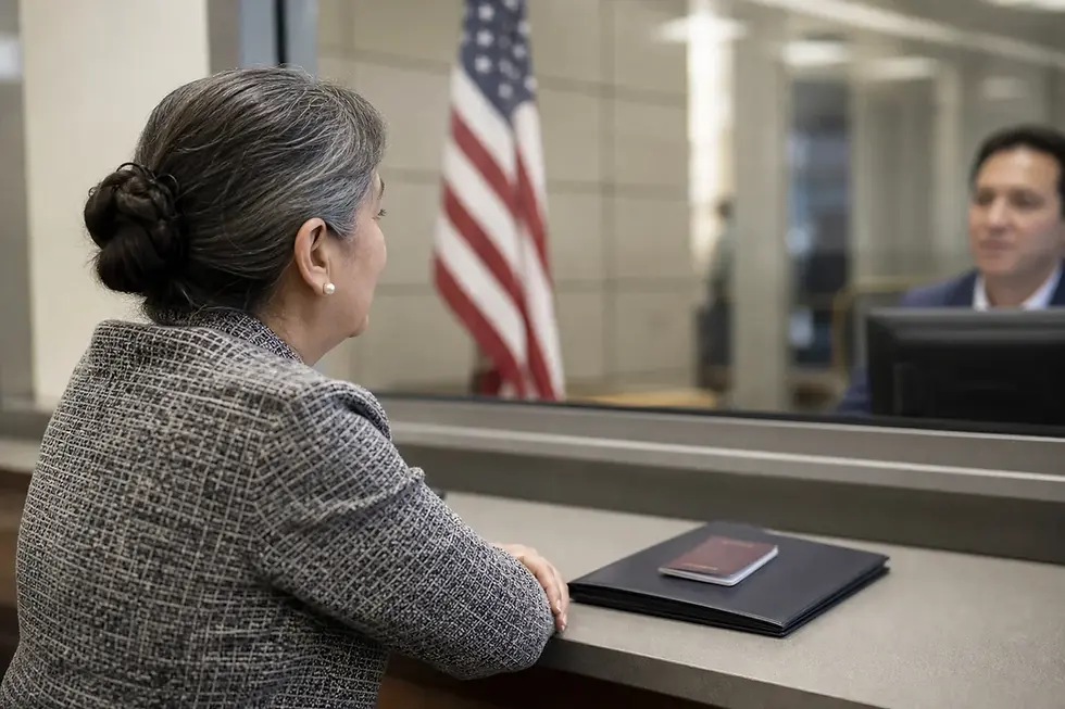 Pensionada colombiana durante una entrevista consular para solicitar visa americana de visitante, con bandera de Estados Unidos al fondo.