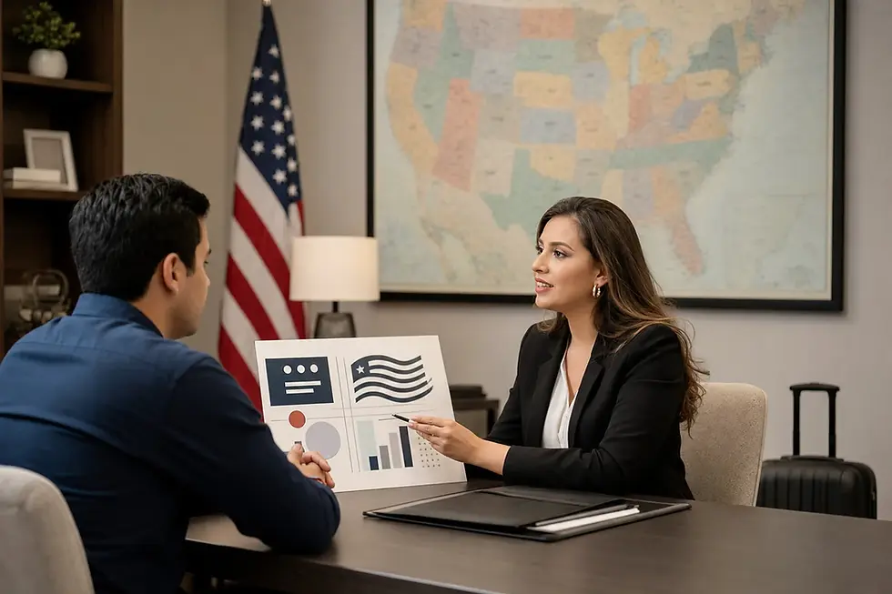 Asesoría en Colombia para revisar cambios de visa americana 2026 con mapa de Estados Unidos.