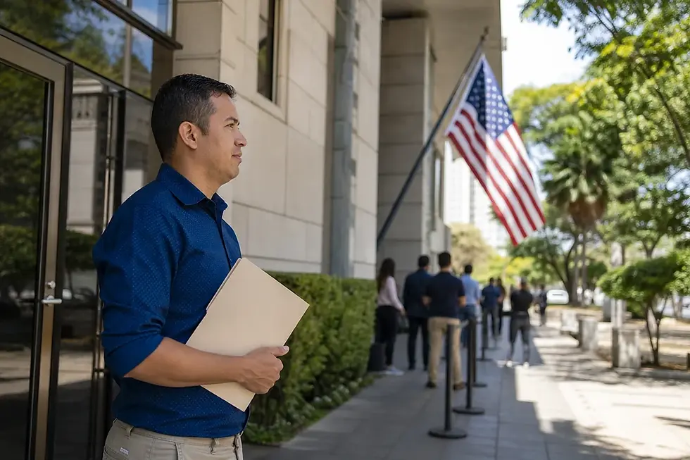Solicitante colombiano esperando frente a un edificio consular con bandera de Estados Unidos antes de una entrevista para visa americana.