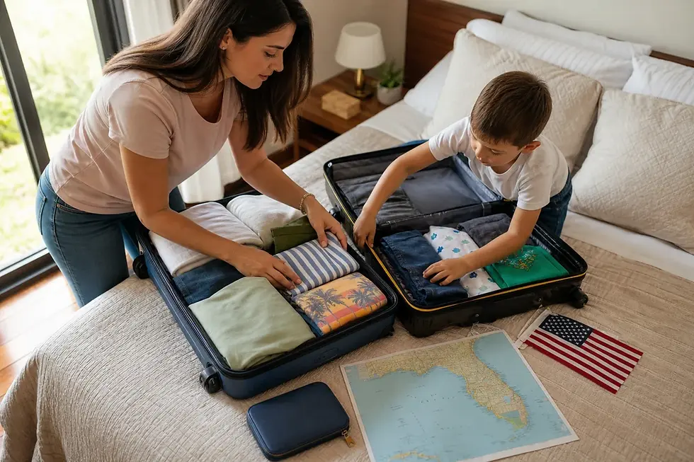 Madre y niño preparan maletas con un mapa de Florida y una bandera de Estados Unidos para un viaje familiar a Orlando o Disney desde Colombia.
