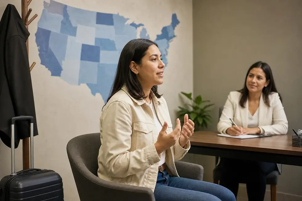 Solicitante colombiano practica una entrevista para visa americana junto a un mapa de Estados Unidos y una maleta de viaje.