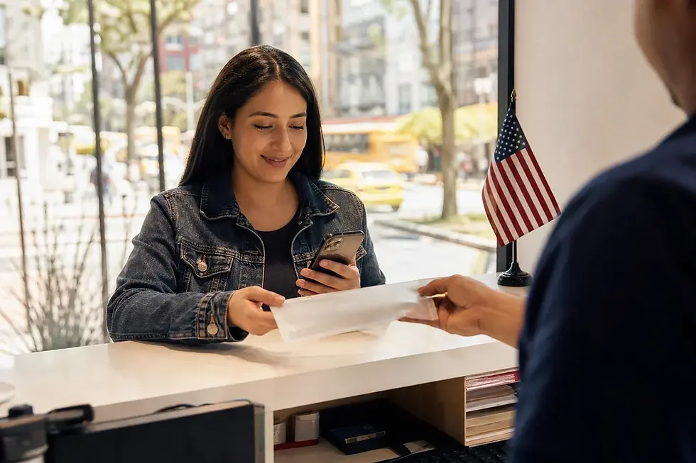 Persona recibe una funda de pasaporte y revisa el rastreo de entrega de su visa americana en Colombia.