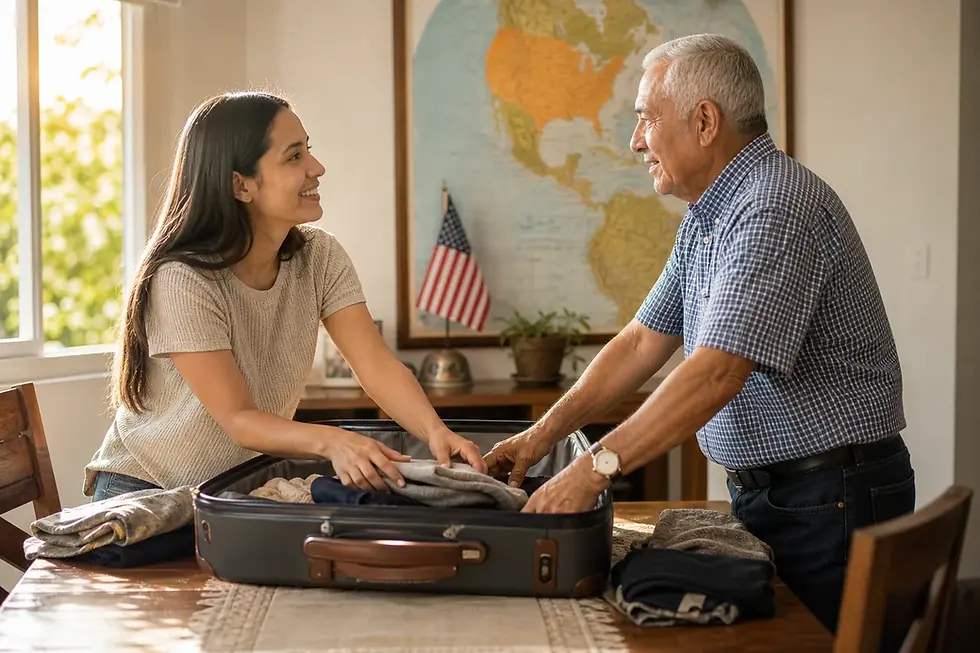 Mujer colombiana preparando una maleta con apoyo de su padre para un viaje a Estados Unidos, con mapa de América y bandera estadounidense visibles.