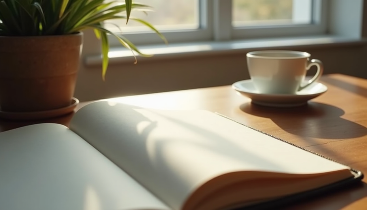 Eye-level view of a cozy workspace with an open workbook and a cup of tea
