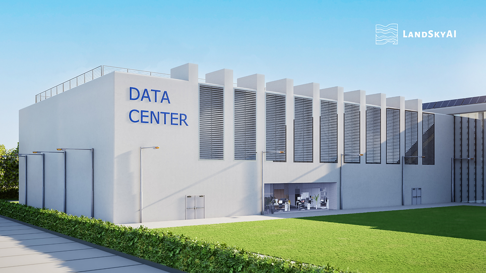 Modern white data center building with blue DATA CENTER sign and LandSkyAI logo, set by a green lawn under a clear sky.