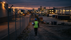 Autonomous security drone flying a night patrol along the fence line of a large industrial facility during a physical security assessment