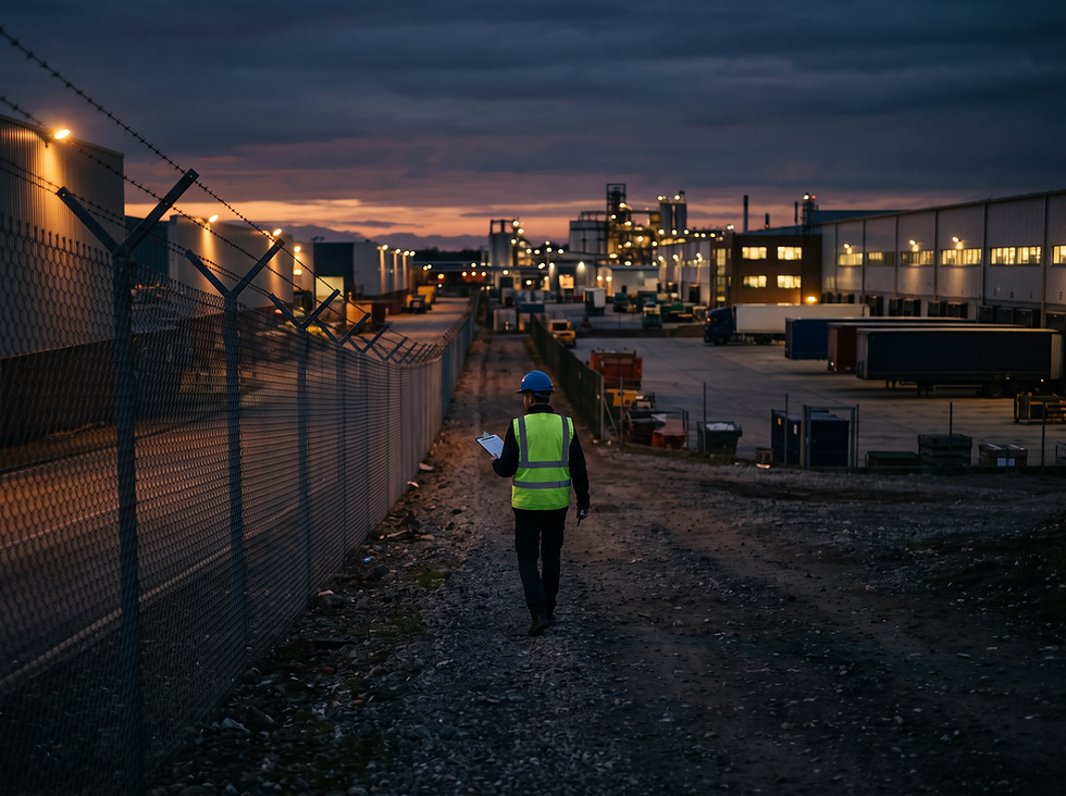 Autonomous security drone flying a night patrol along the fence line of a large industrial facility during a physical security assessment