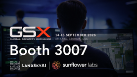 LandSkyAI team at booth 3007 at GSX 2026 Global Security Exchange in Atlanta, showcasing autonomous drone-in-a-box and ground robot managed security service capabilities on the expo floor