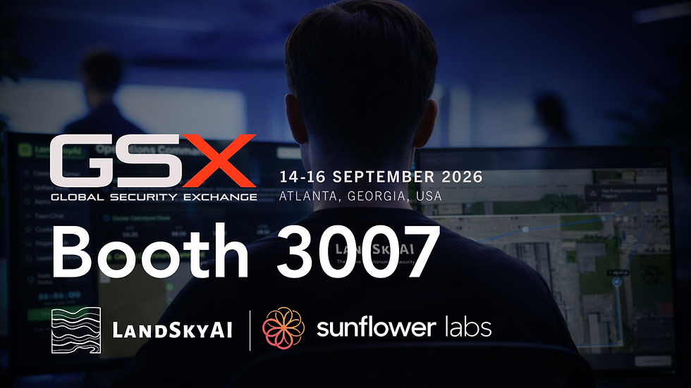 LandSkyAI team at booth 3007 at GSX 2026 Global Security Exchange in Atlanta, showcasing autonomous drone-in-a-box and ground robot managed security service capabilities on the expo floor