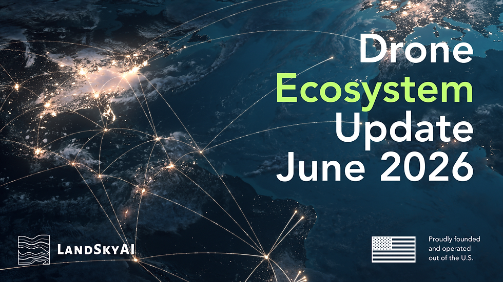 Night Earth map with glowing network lines and text Drone Ecosystem Update June 2026, plus LandSkyAI logo and U.S. flag.
