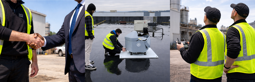 LandSkyAI team deploying an autonomous security drone on an industrial rooftop