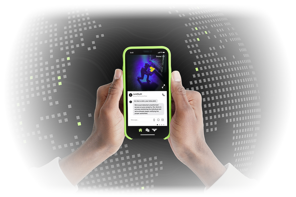 Person holding a smartphone displaying the LandSkyAI app with a real-time drone alert, showcasing unauthorized activity detection. Background features a digital world map and "ROC – Virtual Robotic Operations Center" branding.