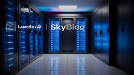 Blue-lit server room with racks and reflections; centered text reads LandSkyAI | SkyBlog on a sleek, high-tech background