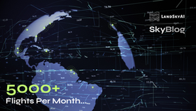 LandSkyAI SkyBlog graphic showing 5,000+ monthly autonomous drone flights across client sites, with glowing deployment points on a digital map.
