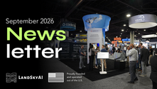 LandSkyAI September 2026 Newsletter, Issue 38, over a photo of the LandSkyAI and Sunflower Labs booth at GSX