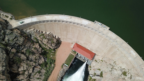 Critical infrastructure facility with secured buildings, perimeter area, and operational assets