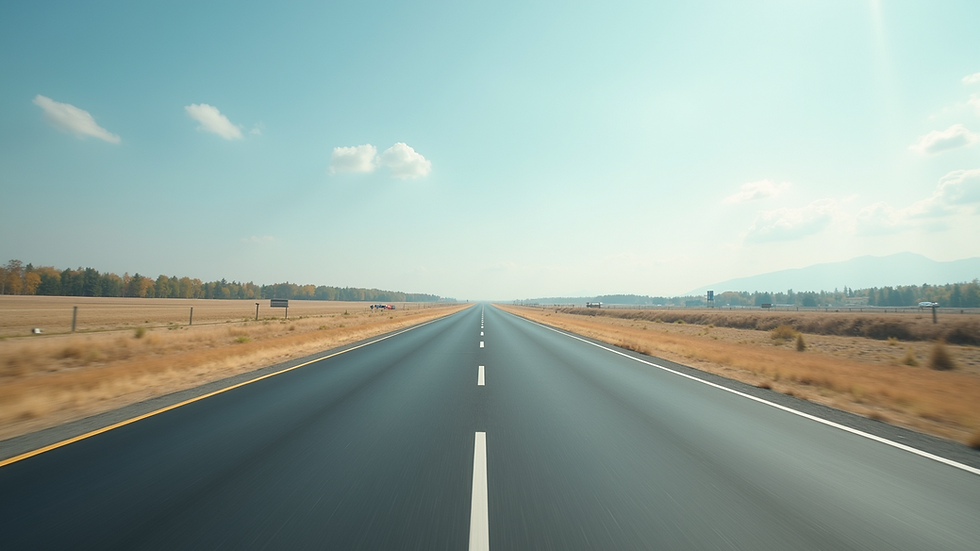 Eye-level view of a quiet driving range with a clear road ahead