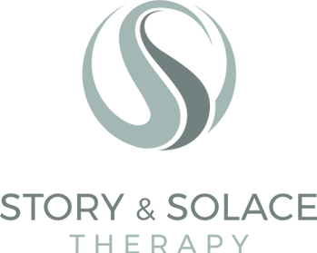 Story & Solace Therapy logo with handwritten script and a wave element