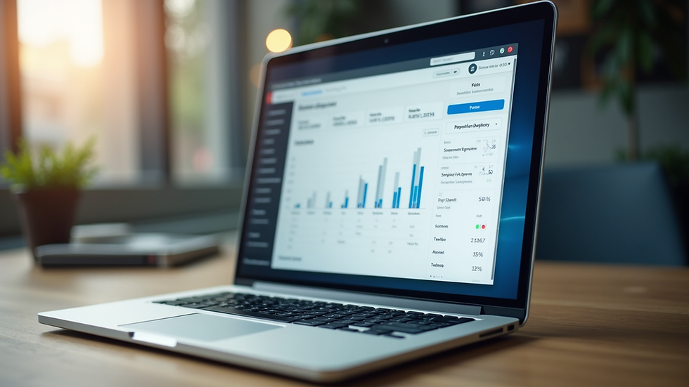 Eye-level view of a laptop screen showing payroll software dashboard