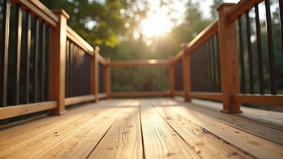 Eye-level view of a newly built wooden deck with railings in a backyard