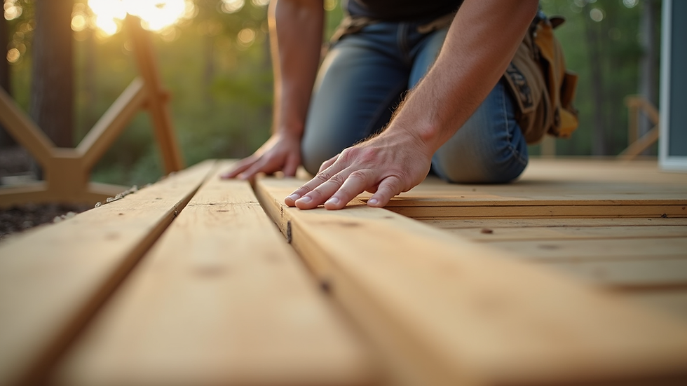 Close-up view of a deck builder installing wooden planks on a deck frame