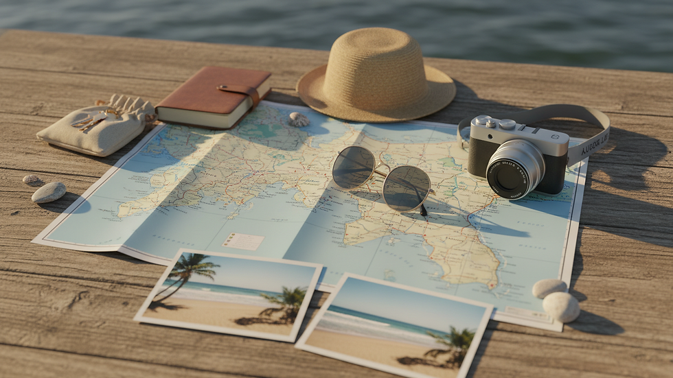 high angle view of a tourist map and travel essentials on a table