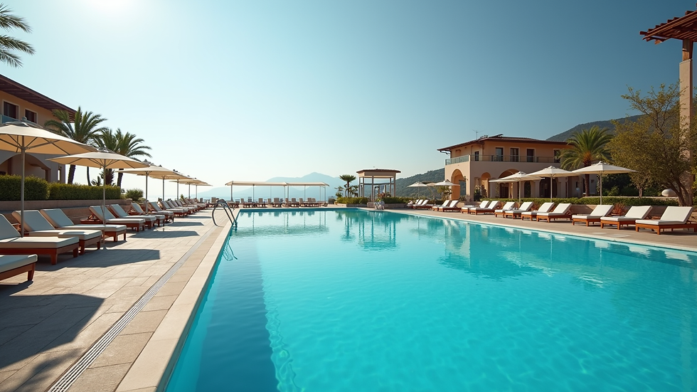 Wide angle view of a hotel pool area with sun loungers in Turkey