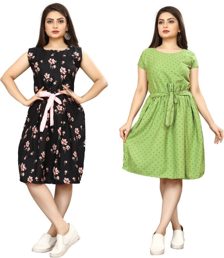 Thumbnail: Women Fit and Flare Black, Pink, Green Dress