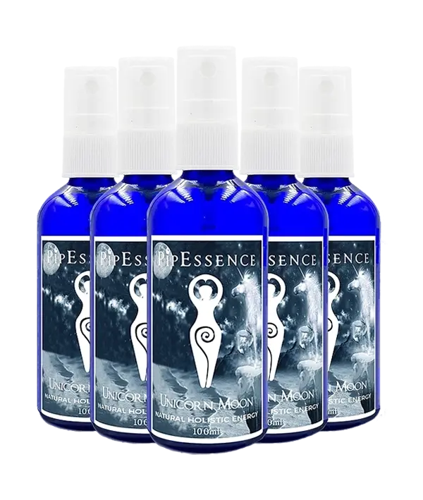 Thumbnail: The PipEssence Unicorn Moon essence, 100ml blue glass bottle with atomiser - group