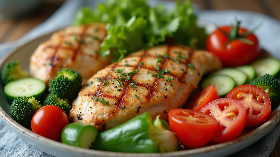 Close-up view of a colorful low-carb meal with vegetables and grilled chicken