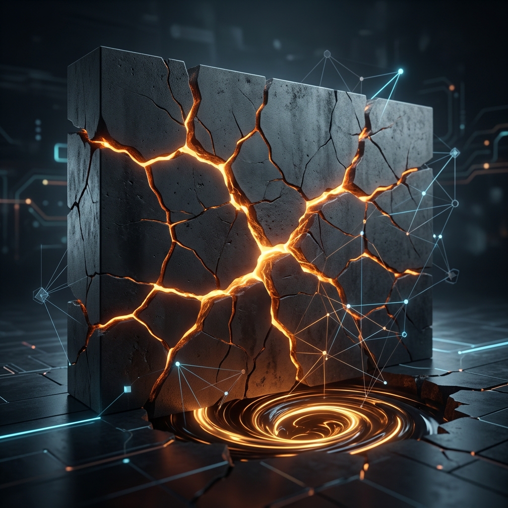Abstract representation of a massive wall with deep glowing fissures, symbolizing hidden systemic risk and a liquidity t