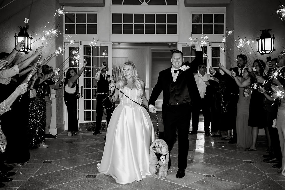 Bride and groom smile in a sparkler send-off outside a venue, with a tuxedoed dog at their feet.