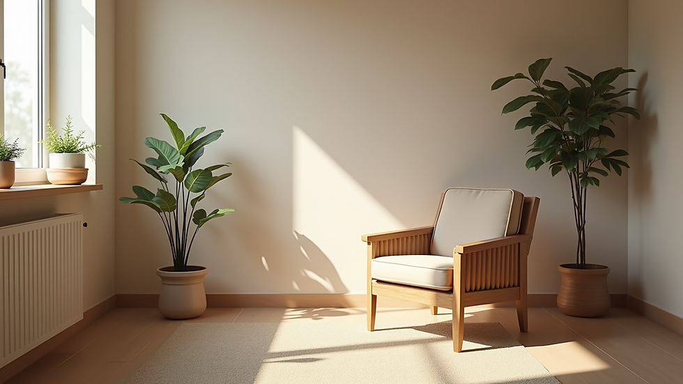 Eye-level view of a cozy therapy room with a comfortable chair and soft lighting