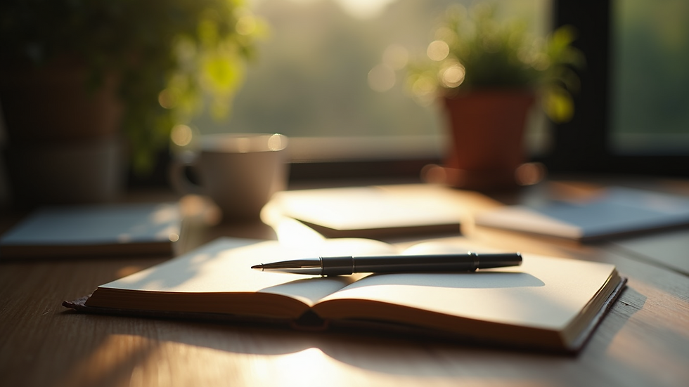 Close-up view of a softly lit journal and pen on a wooden table
