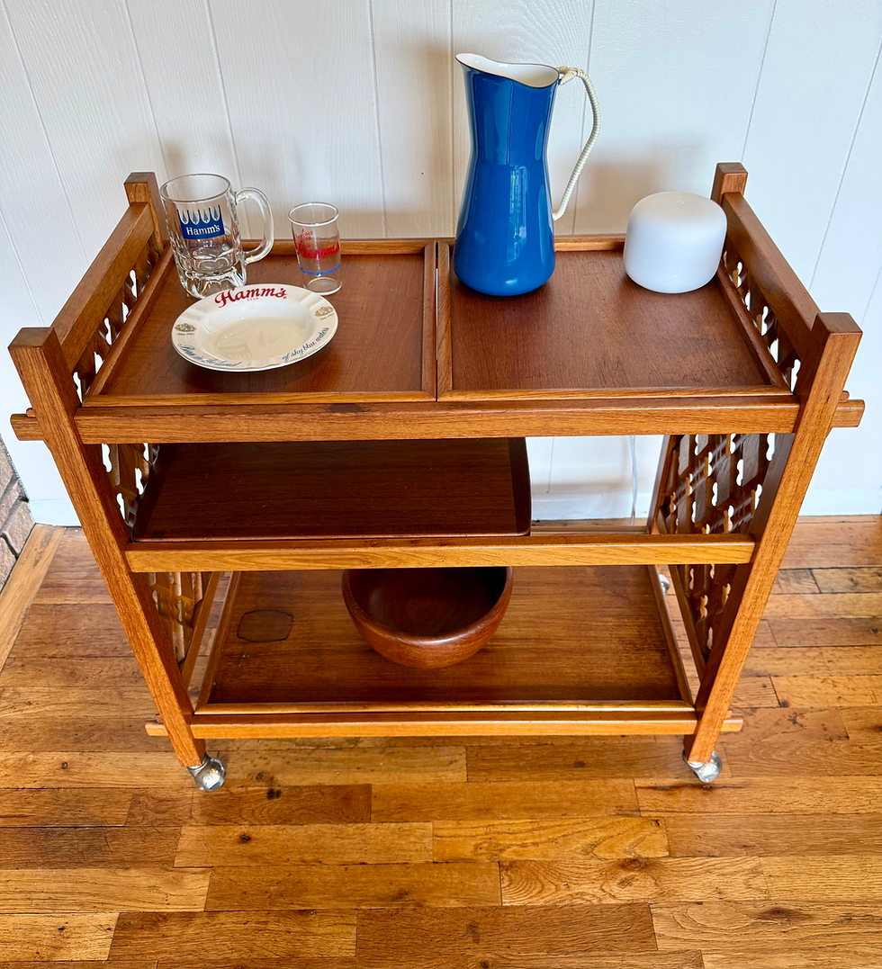 This mid-century. modern teak bar cart, likely Danish, is one of the quality items you can expect to find in my now-permanent vintage booth at Penny Lane Antique Mall in Bellingham, Washington.
