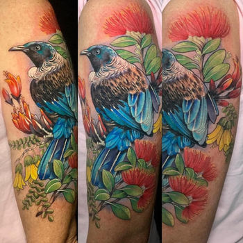 Tui, tui tattoo, pohutakawa, kowhai tattoo, nz native trees, kiwiana, kiwiana tattoo, nz tattoo, full colour tattoo